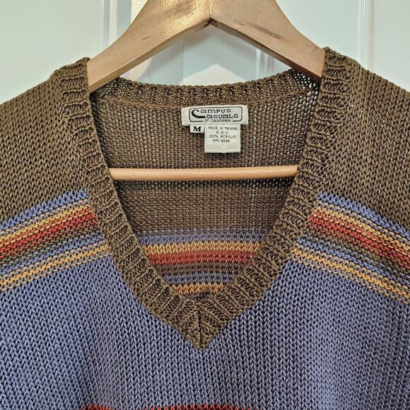 Vintage 80s Sweater Womens Medium Brown Knit Short Sleeve V-Neck Mod Striped - Picture 3 of 7